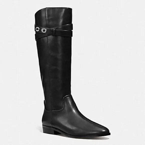 Coach New York Linette Tall Black Leather Riding Boots Calf 7 - Picture 1 of 6